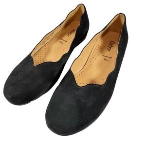 Gabor Hovercraft Flats Womens UK 8.5/US 11 Black Suede Scalloped Edge Slip On